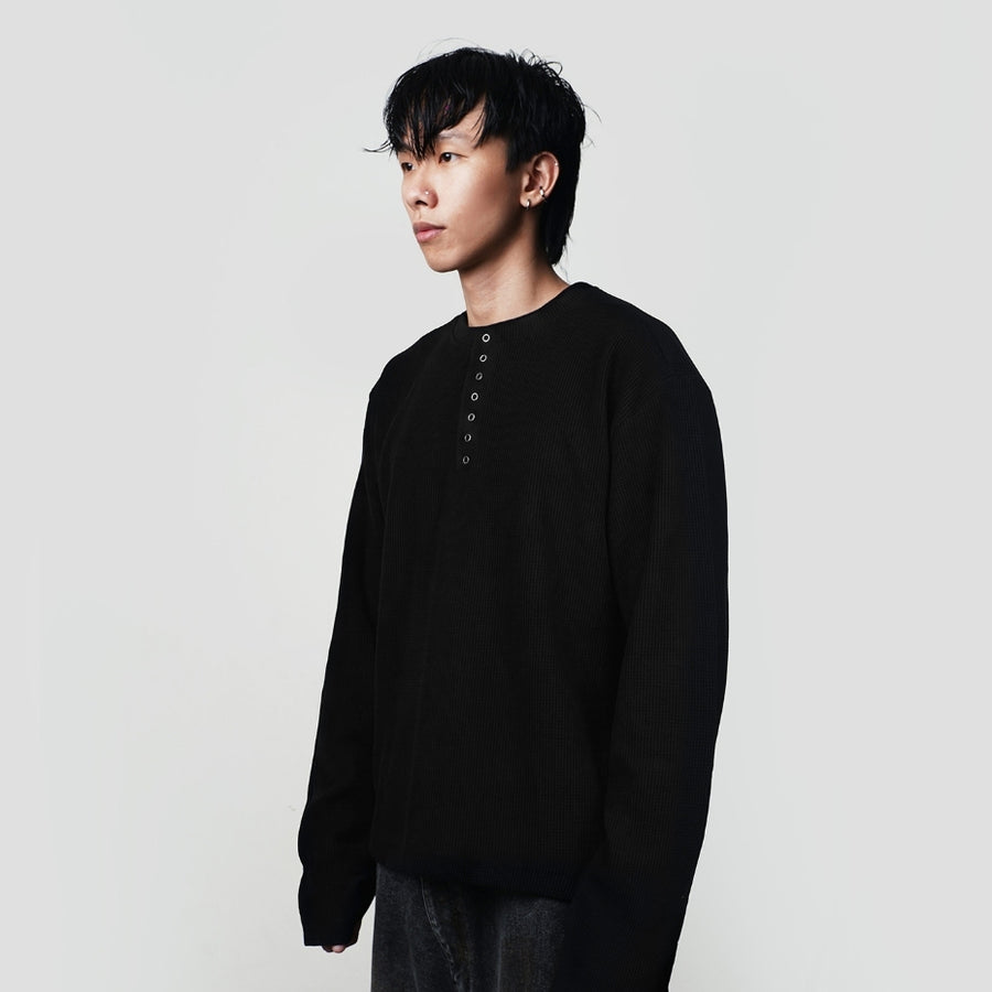Hierarchy Studios HOLLOWS - Black Basic Henley Thermal Waffle Boxy Long Sleeve