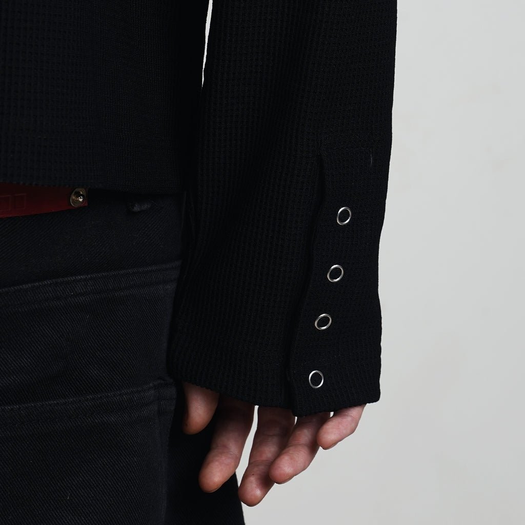 Black Double Basic Thermal Waffle Henley Boxy Long Sleeve