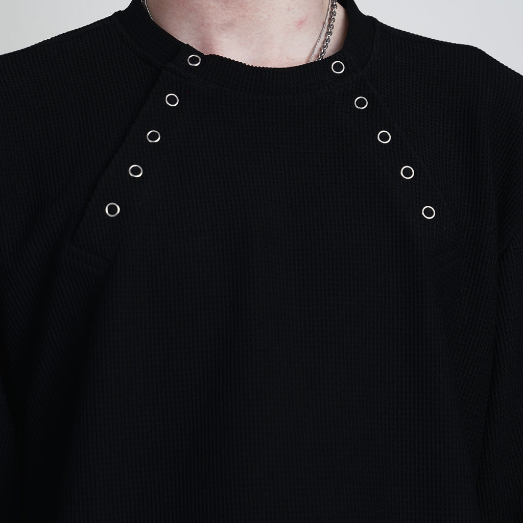 Black Double Basic Thermal Waffle Henley Boxy Long Sleeve
