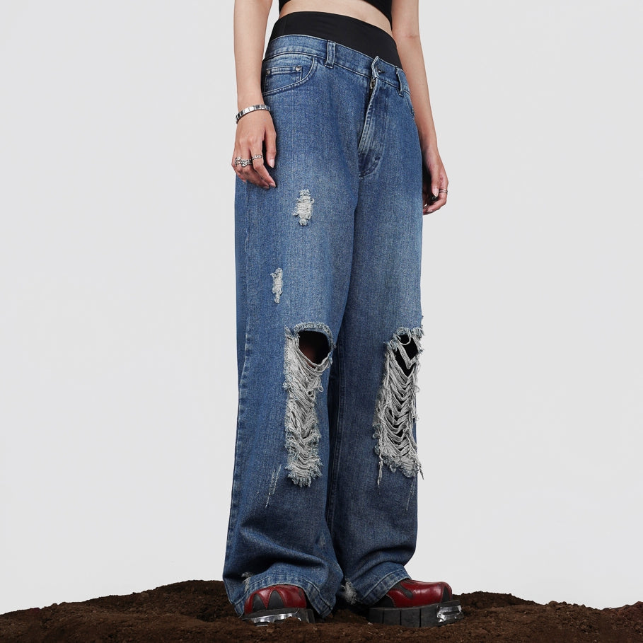 Washed Blue Ripped Baggy Denim Jeans