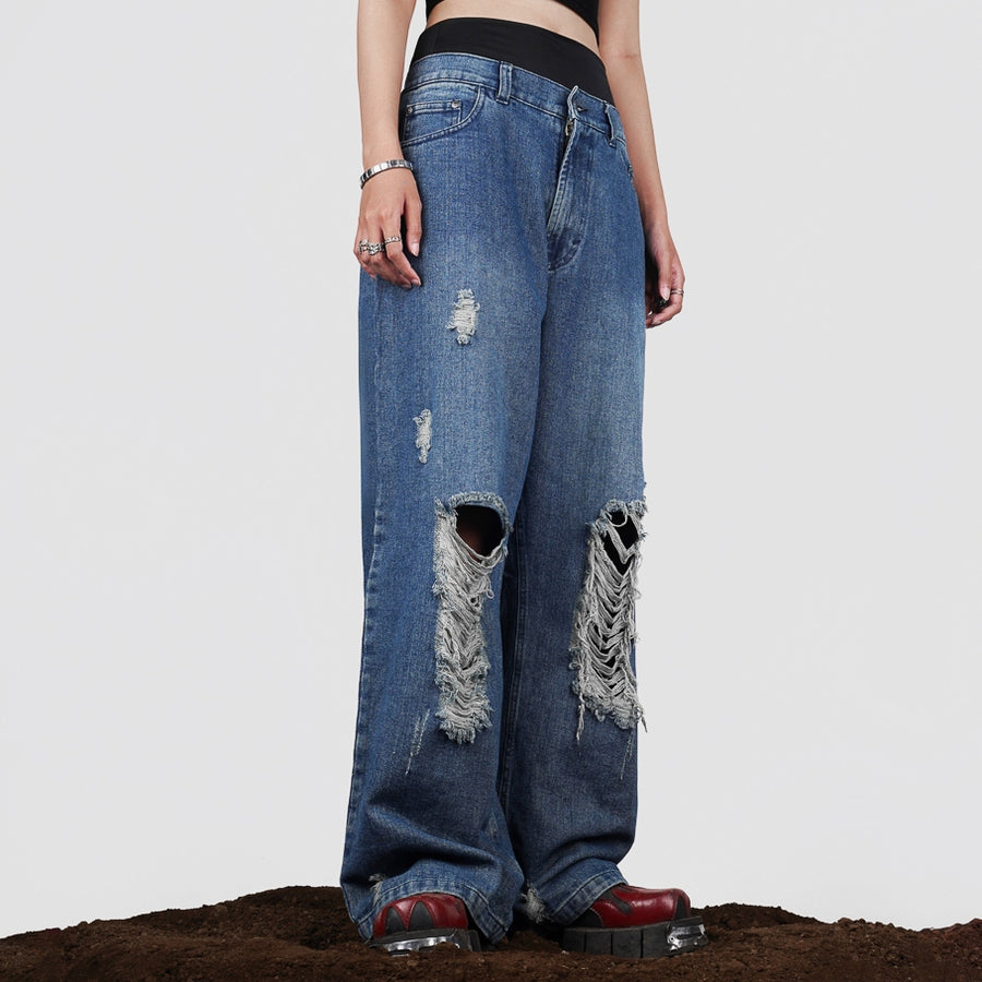 Washed Blue Ripped Baggy Denim Jeans