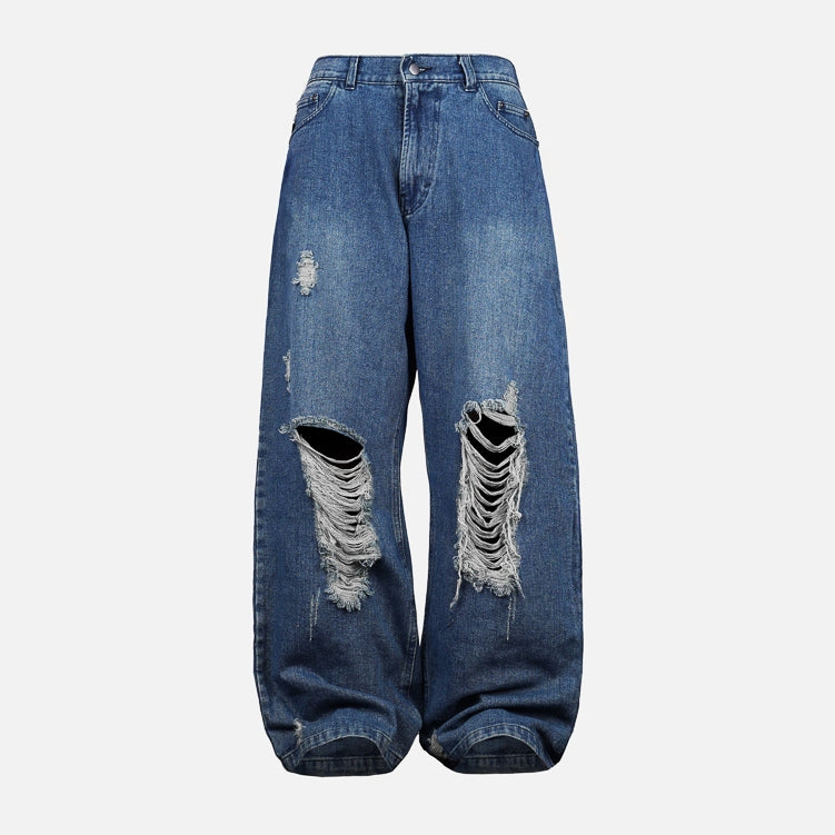 Washed Blue Ripped Baggy Denim Jeans