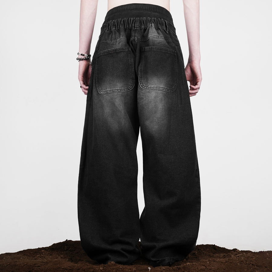 Black Slant Baggy Denim Pants