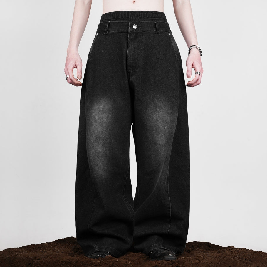 Black Slant Baggy Denim Pants