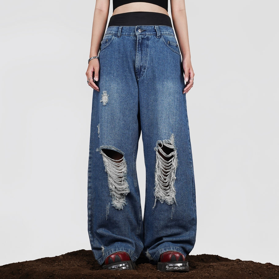 Washed Blue Ripped Baggy Denim Jeans