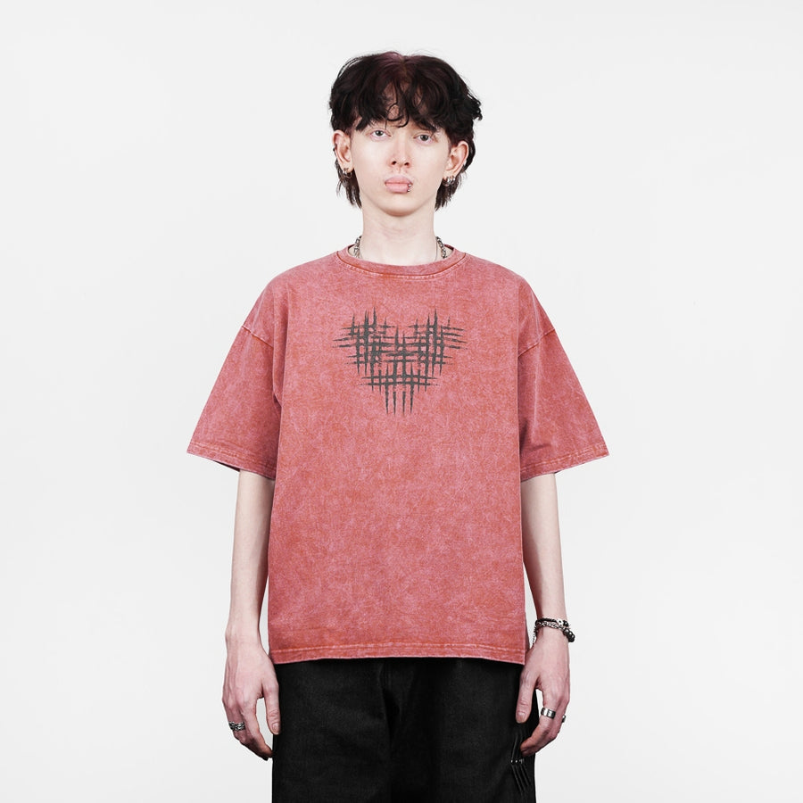 Washed Pink Hearts Logo Boxy Oversized T-Shirt