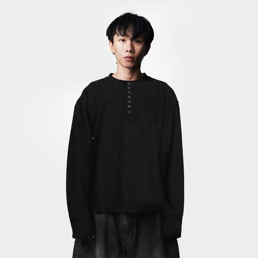 Hierarchy Studios HOLLOWS - Black Basic Henley Thermal Waffle Boxy Long Sleeve