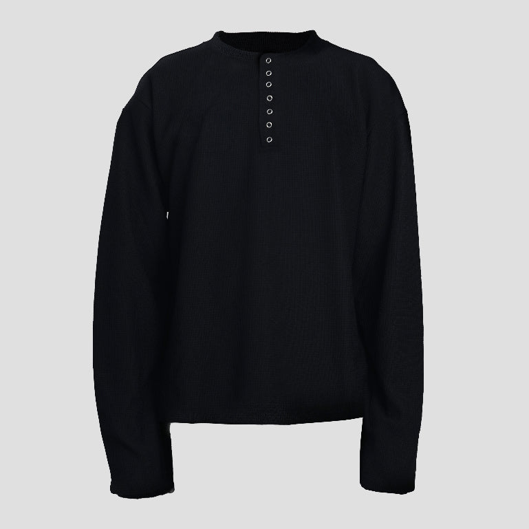 Black Double Basic Thermal Waffle Henley Boxy Long Sleeve