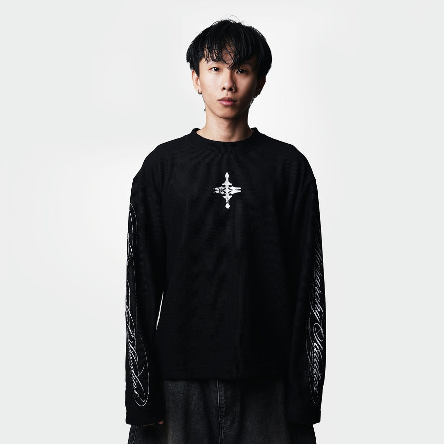 Black CC Thermal Waffle Boxy Long Sleeve