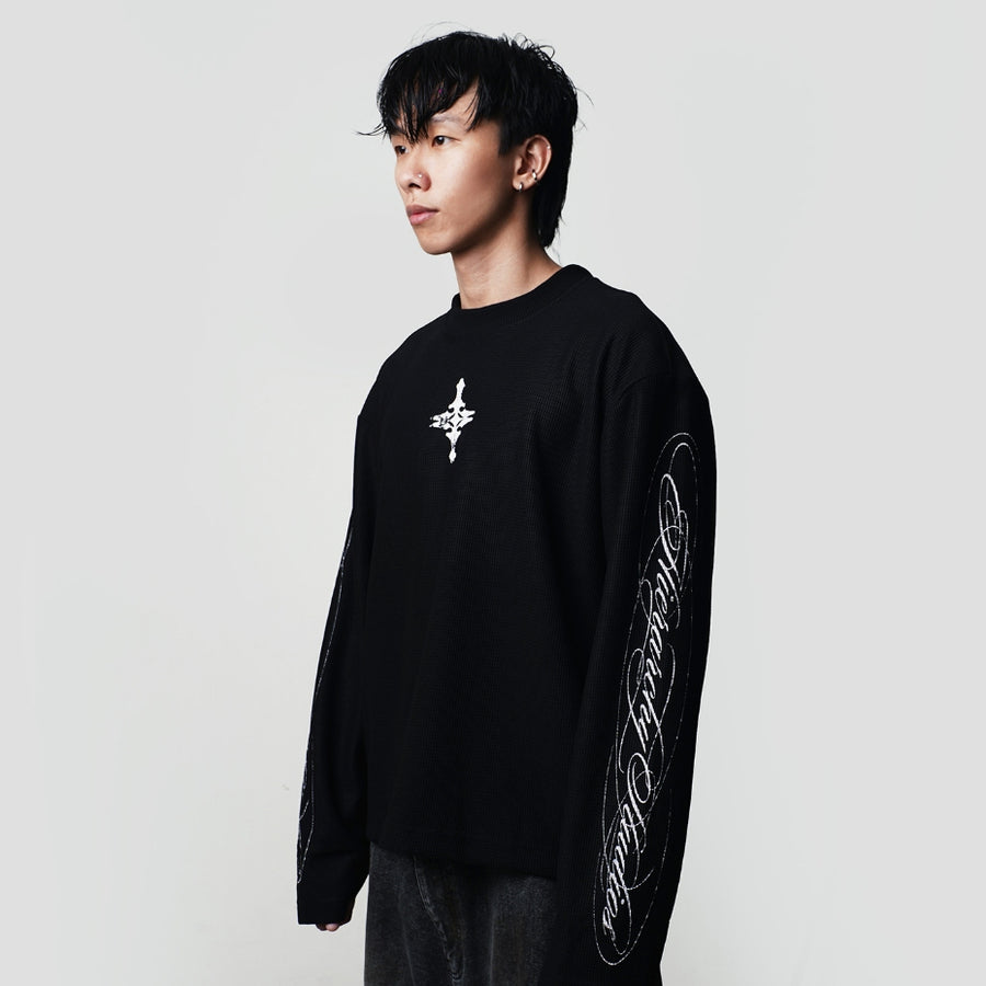 Black CC Thermal Waffle Boxy Long Sleeve