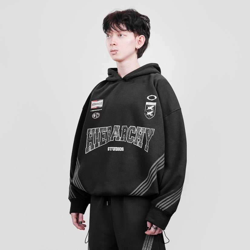 Hierarchy Studios FS - Black Four Stripes Boxy Oversized Hoodie