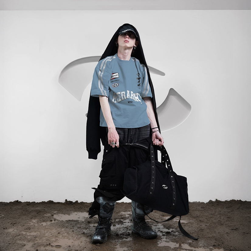 HIERARCHY STUDIOS TMTNW - Slate Blue Four Stripes Boxy Oversized T-Shirt