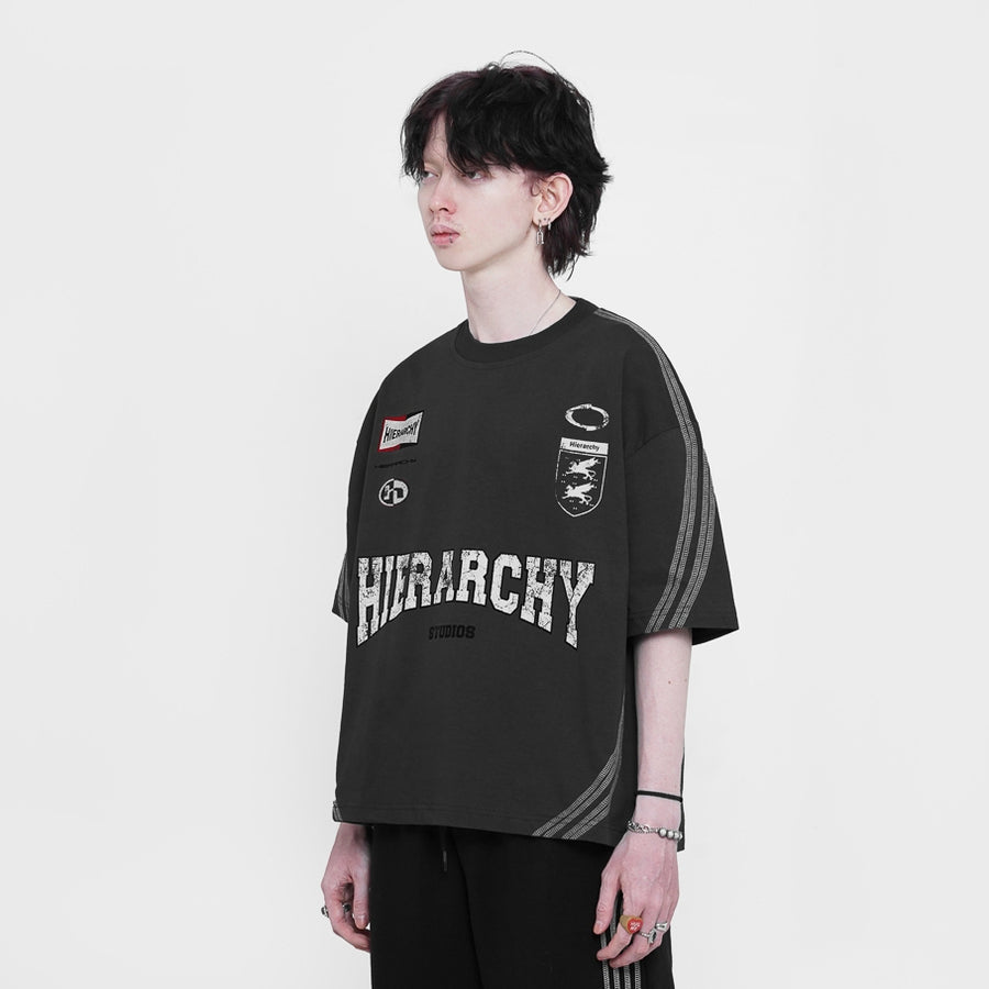 HIERARCHY STUDIOS TMTNW - Dark Grey Four Stripes Boxy Oversized T-Shirt