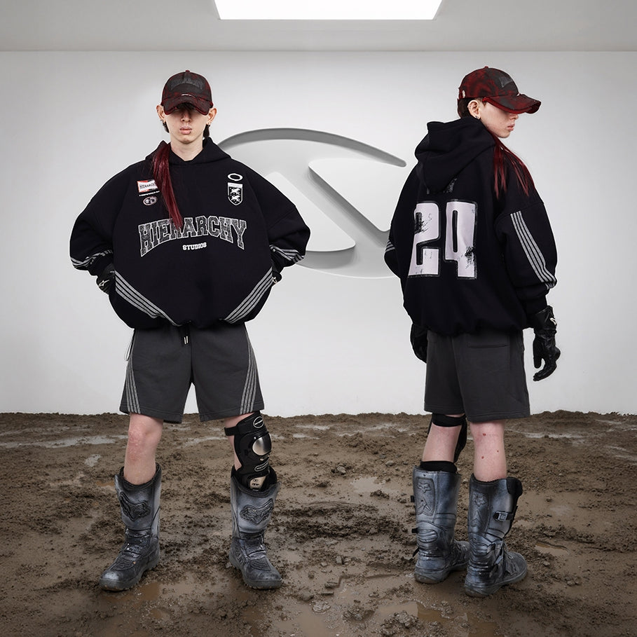 Hierarchy Studios FS - Black Four Stripes Boxy Oversized Hoodie