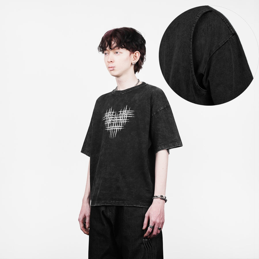 HIERARCHY STUDIOS ENE - Washed Black Hearts Logo Boxy Oversized T-Shirt