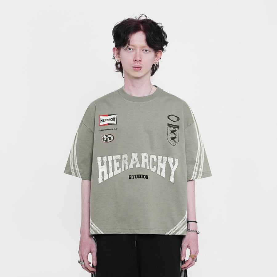 HIERARCHY STUDIOS TMTNW - Sage Green Four Stripes Boxy Oversized T-Shirt