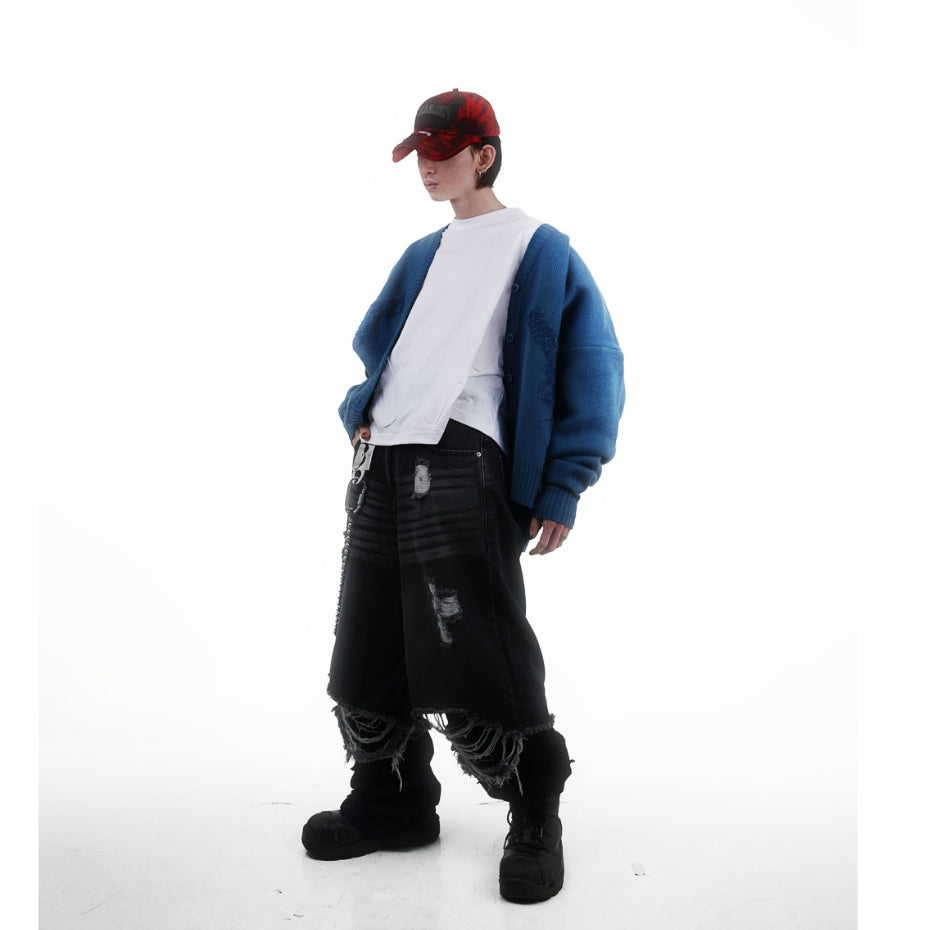 Hierarchy Studios FA - Blue Distressed Gun Oversized Knit Cardigan