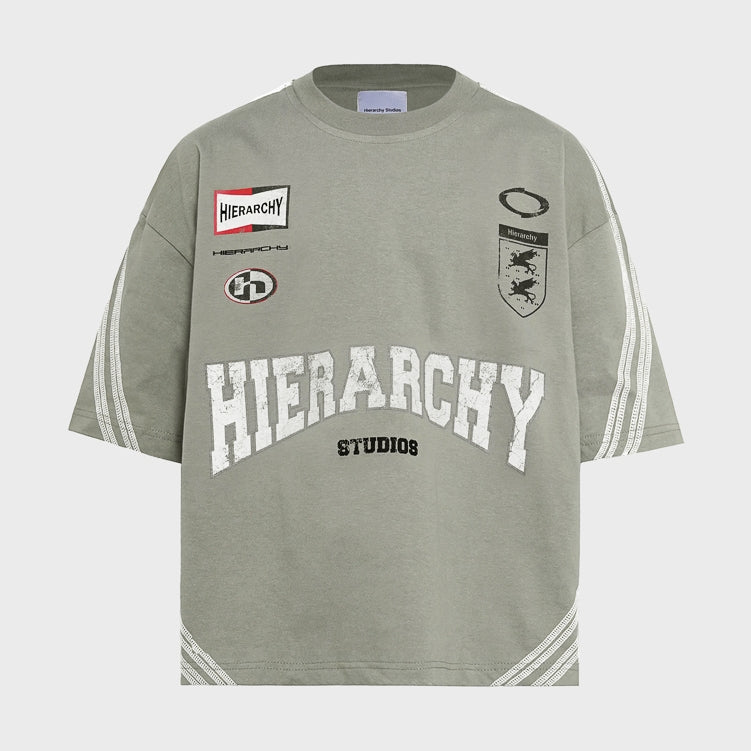 HIERARCHY STUDIOS TMTNW - Sage Green Four Stripes Boxy Oversized T-Shirt