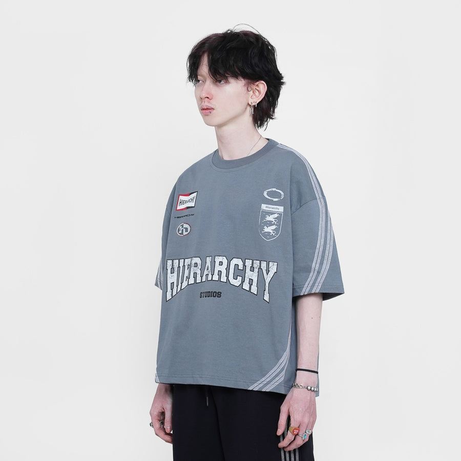 HIERARCHY STUDIOS TMTNW - Slate Blue Four Stripes Boxy Oversized T-Shirt