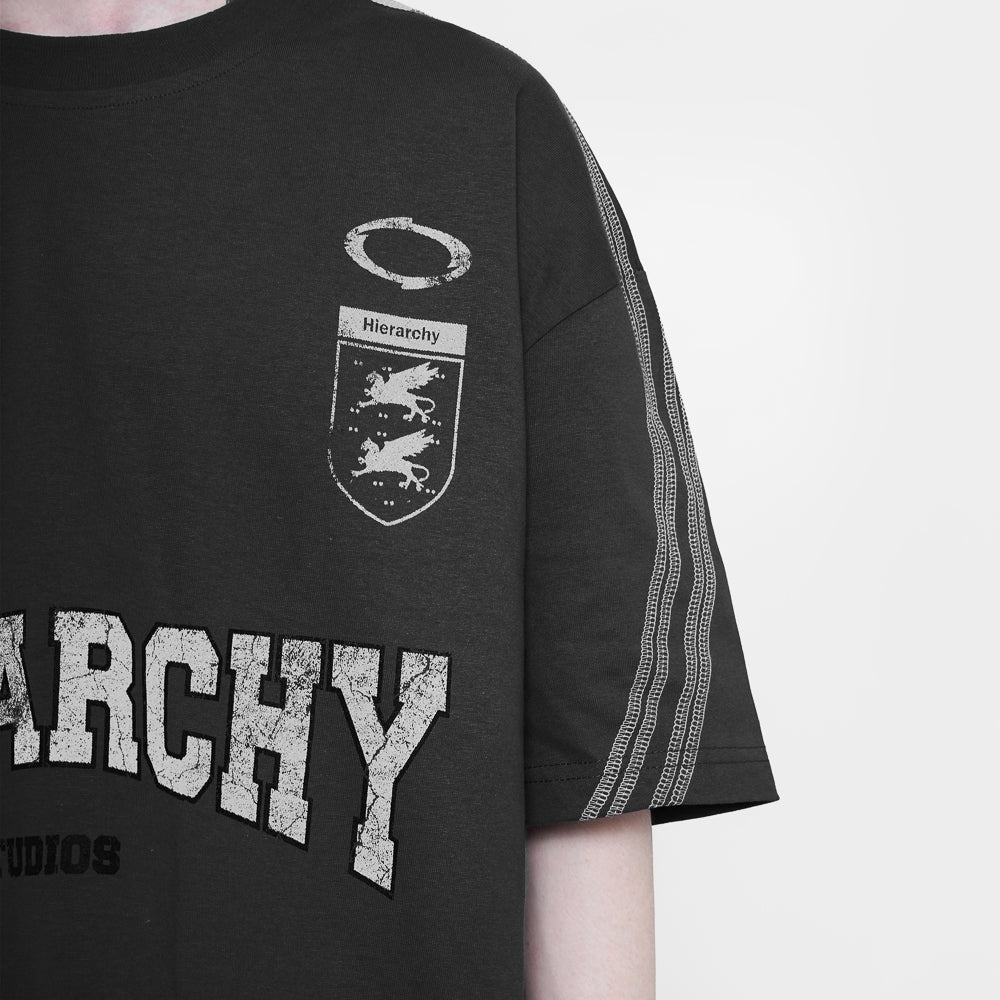 HIERARCHY STUDIOS TMTNW - Dark Grey Four Stripes Boxy Oversized T-Shirt