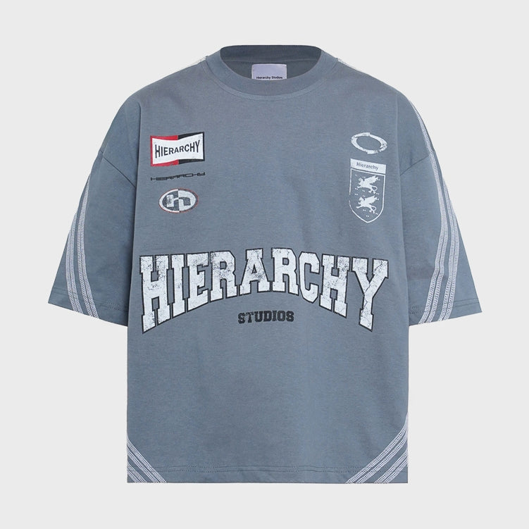 HIERARCHY STUDIOS TMTNW - Slate Blue Four Stripes Boxy Oversized T-Shirt