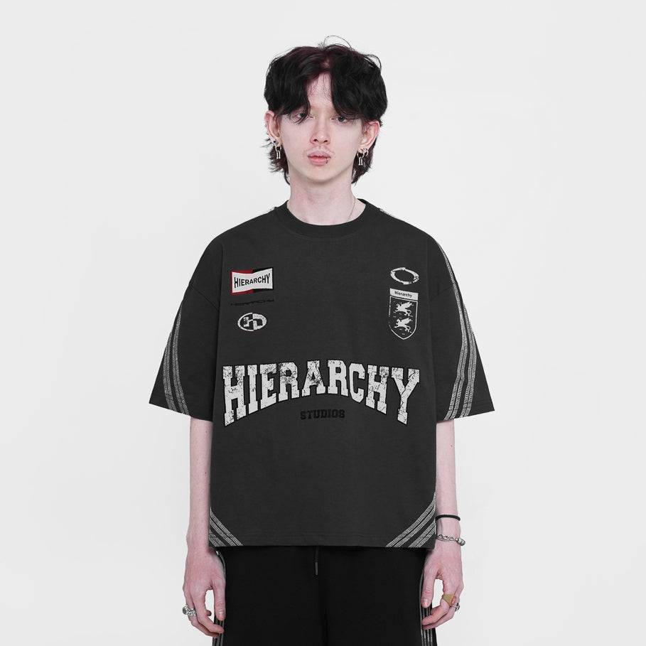 HIERARCHY STUDIOS TMTNW - Dark Grey Four Stripes Boxy Oversized T-Shirt