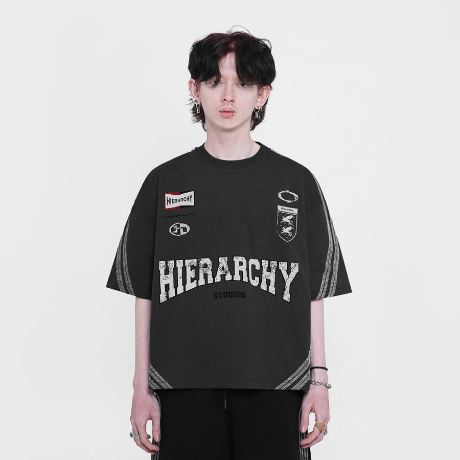 HIERARCHY STUDIOS TMTNW - Dark Grey Four Stripes Boxy Oversized T-Shirt