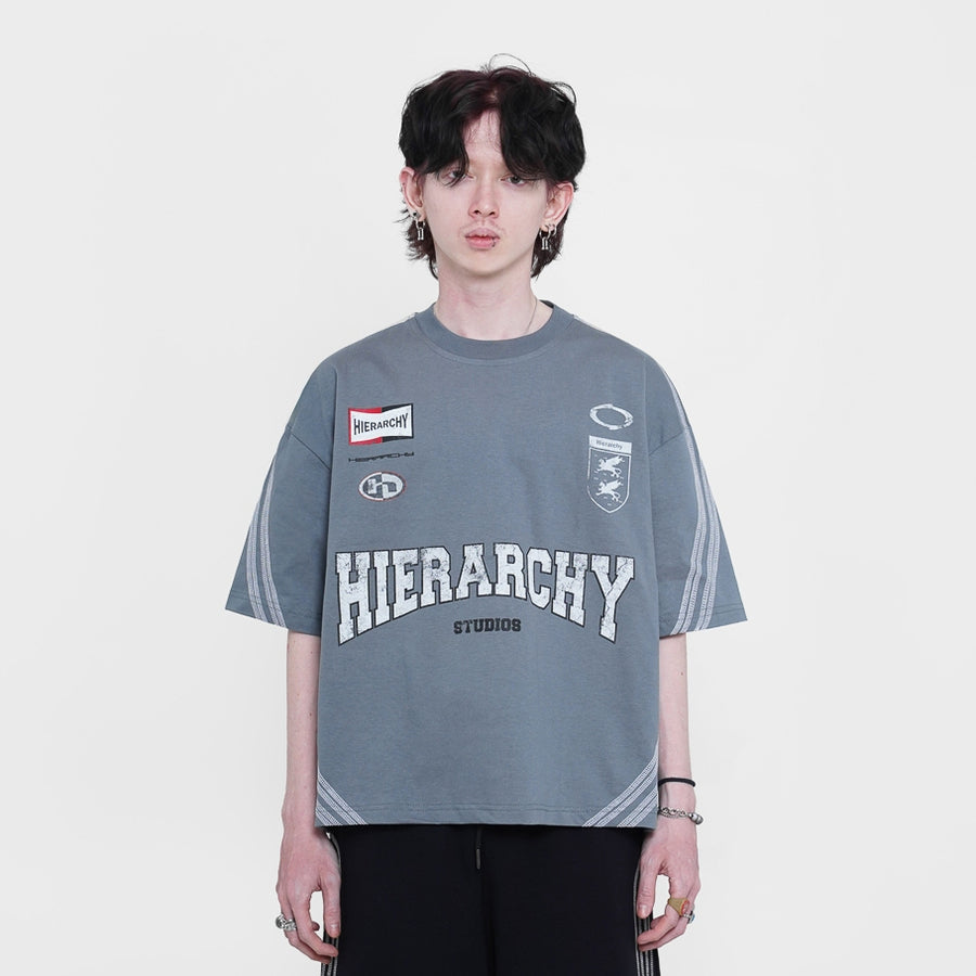 HIERARCHY STUDIOS TMTNW - Slate Blue Four Stripes Boxy Oversized T-Shirt