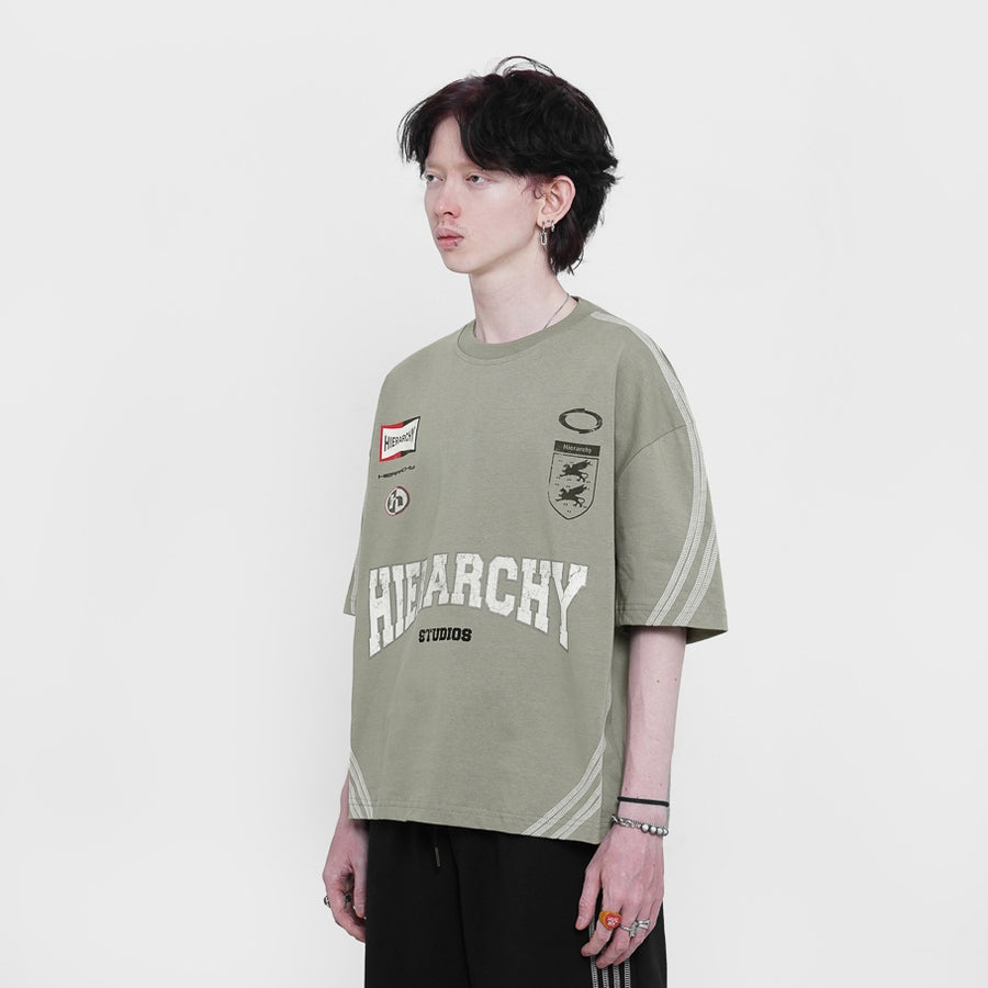 HIERARCHY STUDIOS TMTNW - Sage Green Four Stripes Boxy Oversized T-Shirt
