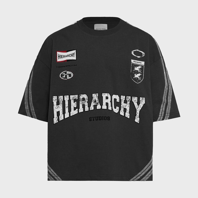 HIERARCHY STUDIOS TMTNW - Dark Grey Four Stripes Boxy Oversized T-Shirt