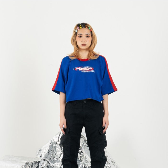 Blue Colorblock Cropped T-Shirt