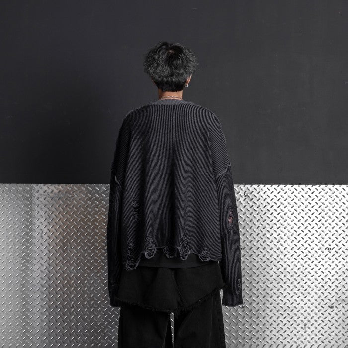 HIERARCHY STUDIOS Chroma - Distressed Dark Grey Flux Oversized Knit Sweater