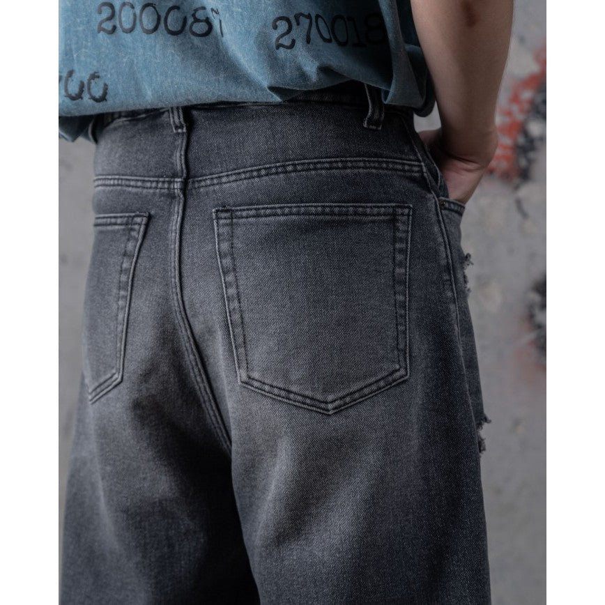 HIERARCHY STUDIOS TYPEWRITER - Grey Ripped Denim Jorts
