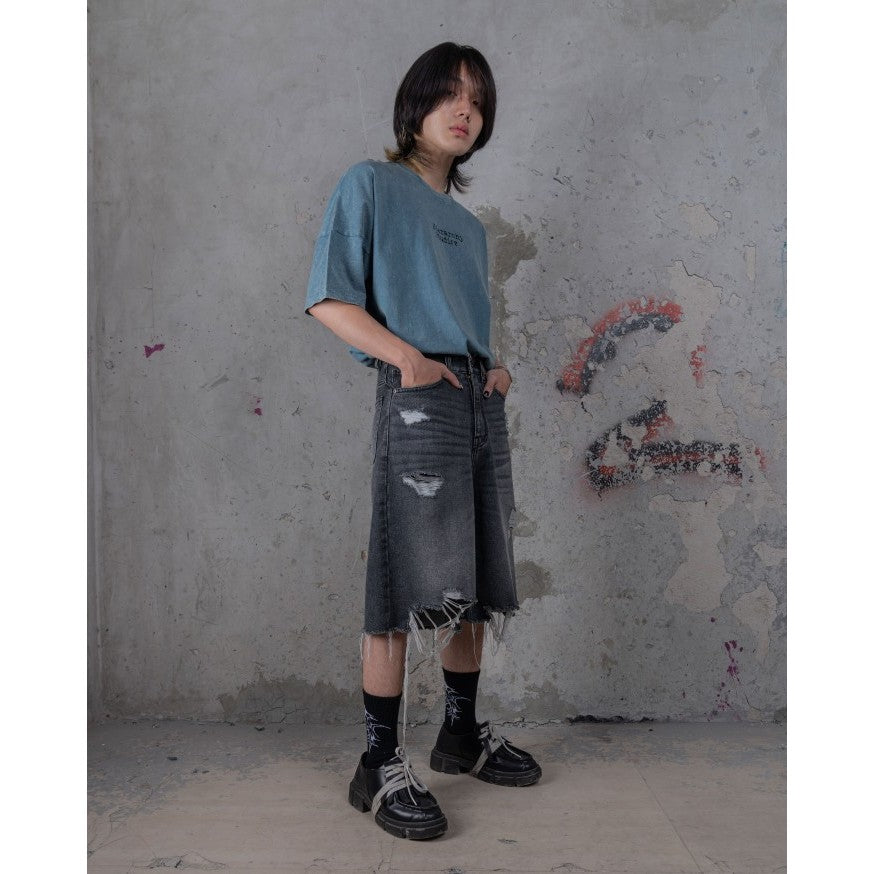 HIERARCHY STUDIOS TYPEWRITER - Grey Ripped Denim Jorts