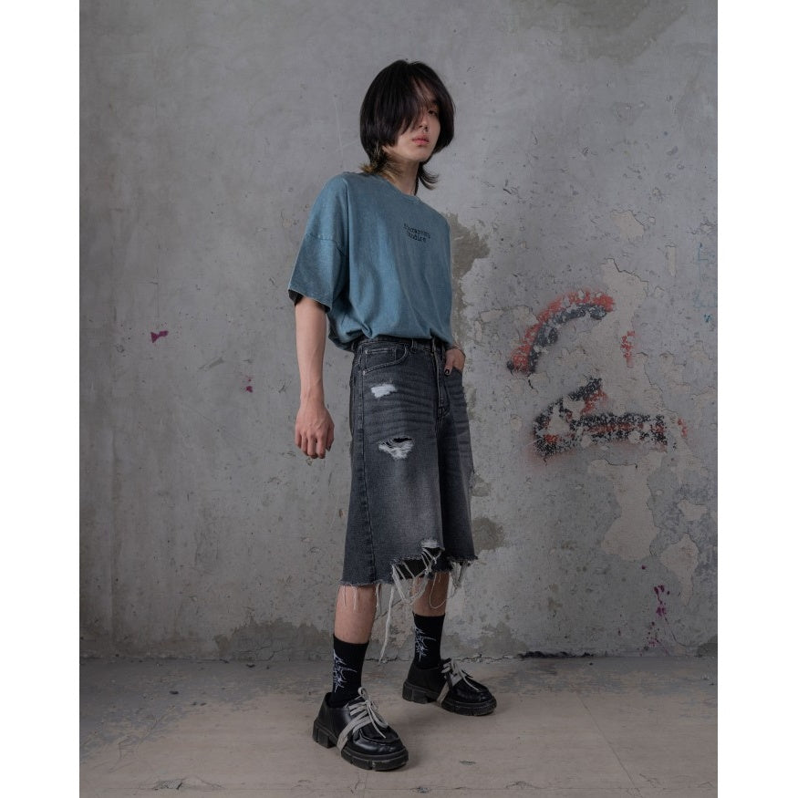 HIERARCHY STUDIOS TYPEWRITER - Grey Ripped Denim Jorts