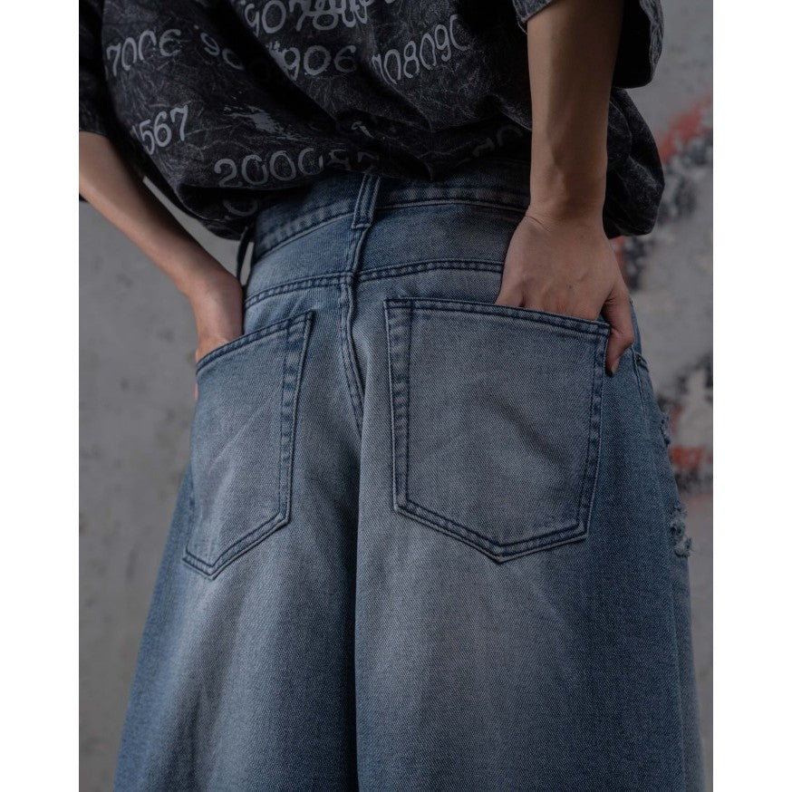 HIERARCHY STUDIOS TYPEWRITER - Blue Ripped Denim Jorts