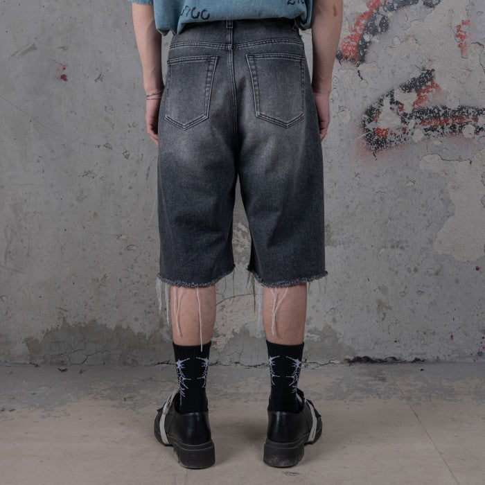 HIERARCHY STUDIOS TYPEWRITER - Grey Ripped Denim Jorts