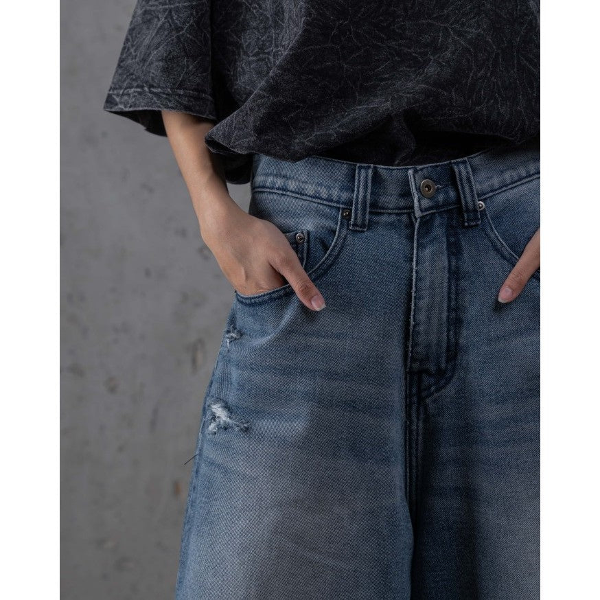 HIERARCHY STUDIOS TYPEWRITER - Blue Ripped Denim Jorts