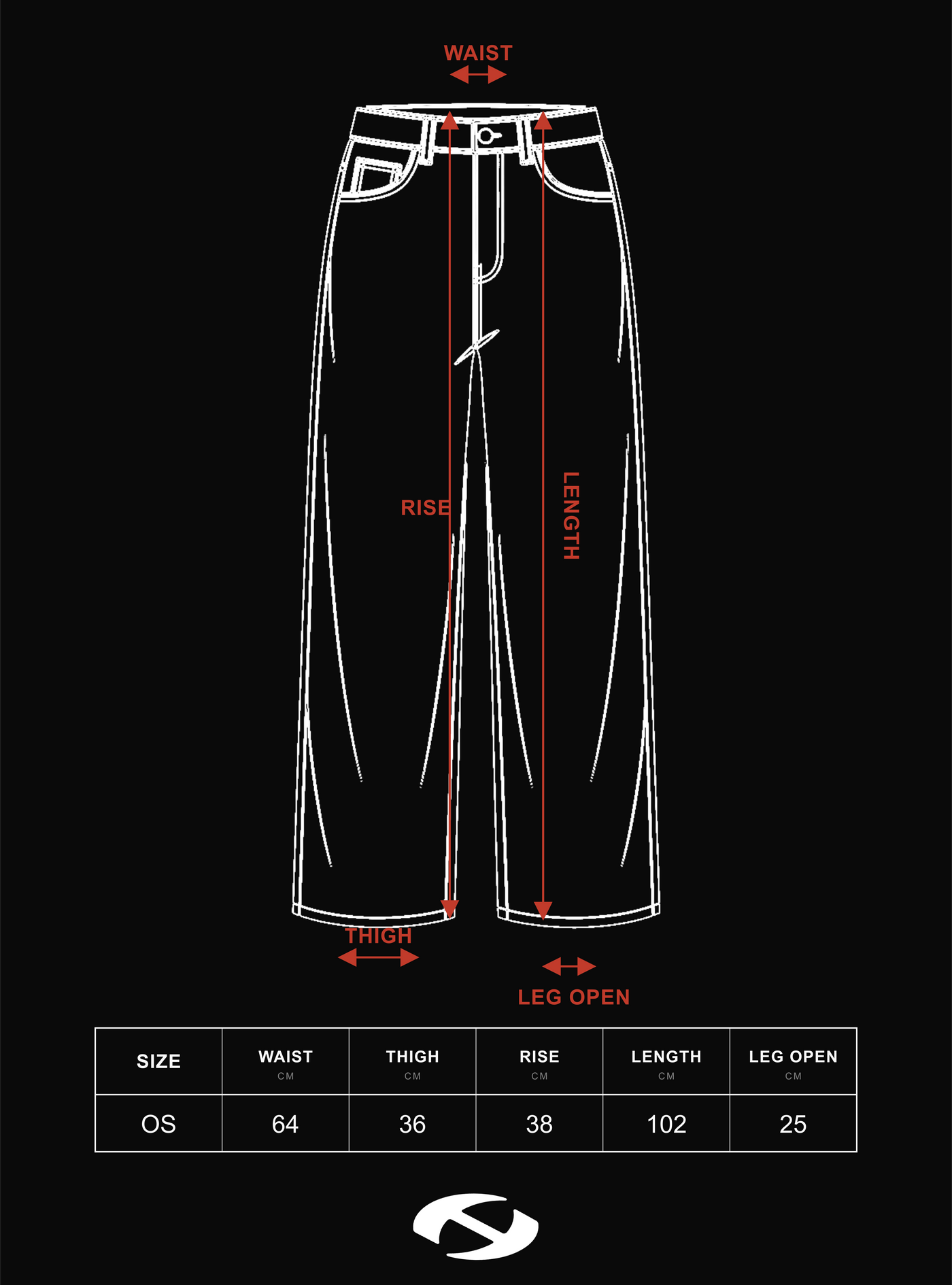 Size guide for Black Zipper Long Pants
