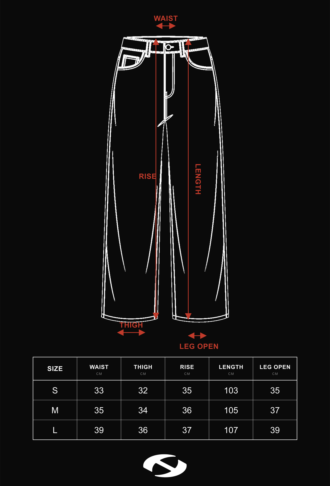 Size guide for HIERARCHY STUDIOS TMTNW - Grey Darts Baggy Pants
